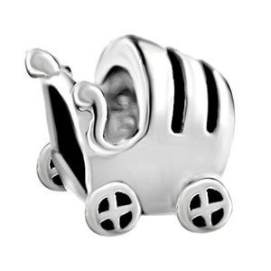 Pugster Baby Buggy Stroller Silver Plate Charm, Gift for New Mom - Fits Pandora